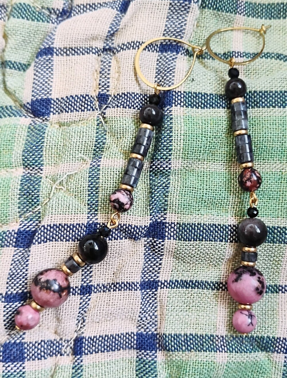Long Handmade Rhodonite, Obsidian, and Black Moonstone Earrings